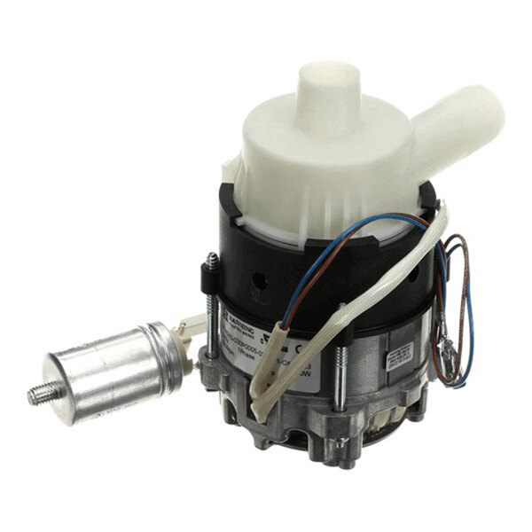 A mechanical wash pump assembly with attached wiring and a cylindrical component, used in commercial dishwashers.