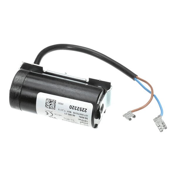 A black cylindrical start capacitor with attached wires and connectors, used for refrigeration equipment.