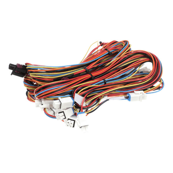 A bundle of multicolored electrical wires with various white plastic connectors attached.