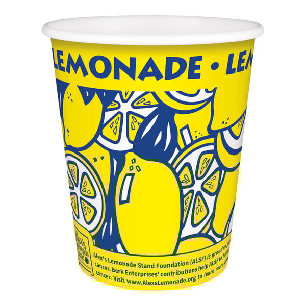 A yellow and blue Squat Paper Lemonade Cup with a design on it.