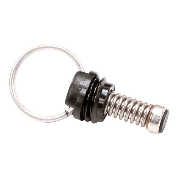 A Cornelius 630001122 black valve relief assembly with a metal spring and key ring.