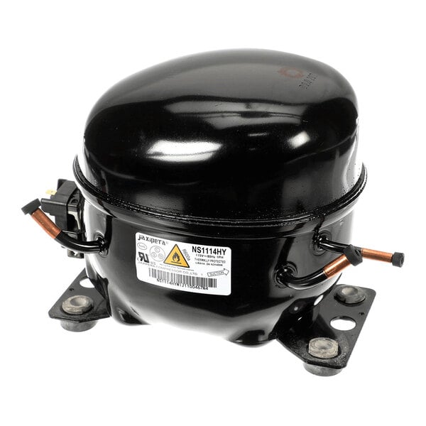 A black Eurodib NS1114HY refrigeration compressor unit with attached copper tubing and mounting brackets.