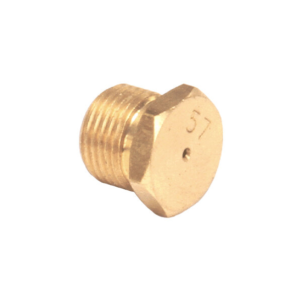 A brass orifice fitting with a hexagonal head and threaded body, marked with the number 57.