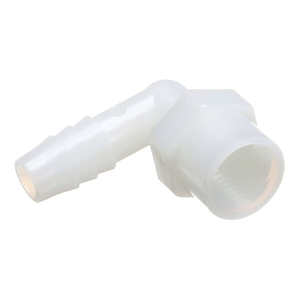 A white nylon 90-degree pipe fitting with a 1/4-inch female pipe thread and a 3/8-inch barb connection.