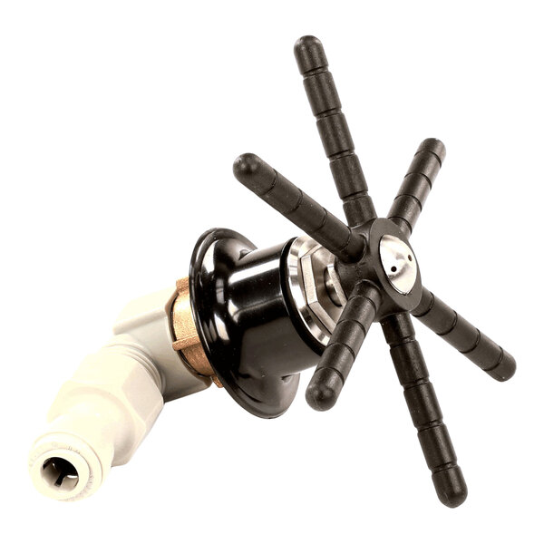 An espresso rinser spray assembly with a star-shaped black spray head and a white angled connector.