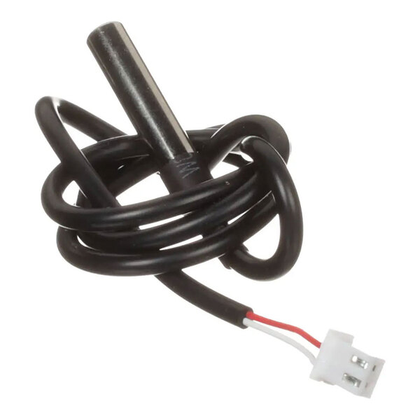 A water sensor with a black cable and a white connector.