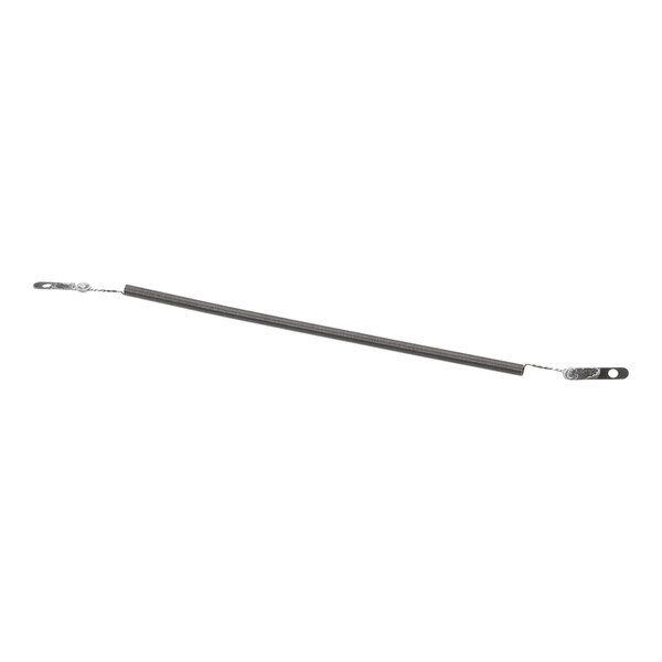 A straight metal heating element with attachment loops at both ends.