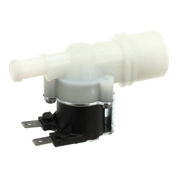 A plastic and metal one-way valve with electrical connectors, typically used in appliances or machinery.