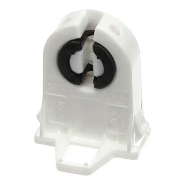 A white and black bi-pin medium G13 lamp holder.
