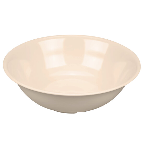 A tan SuperMel melamine bowl with a white background.