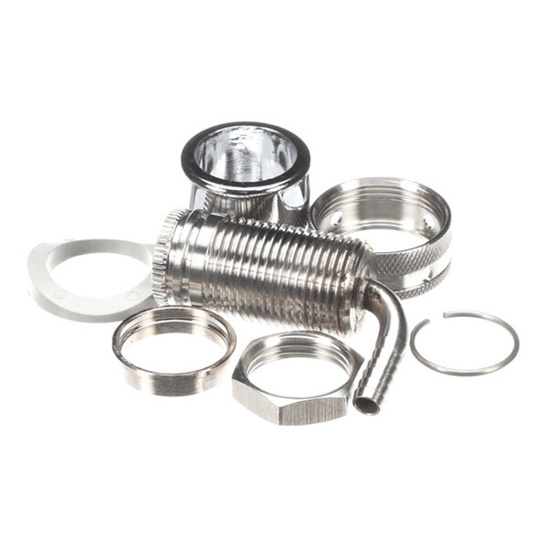 A metal elbow shank assembly with multiple threaded and ring components.