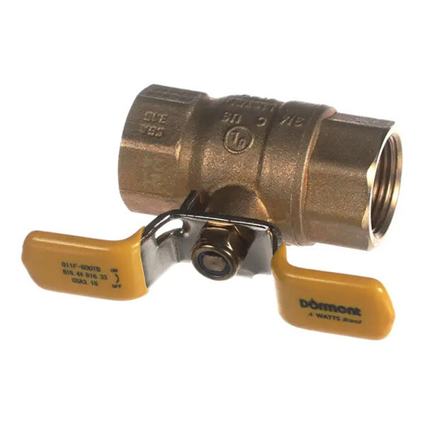 A brass full port ball valve with yellow handles and female threaded ends.