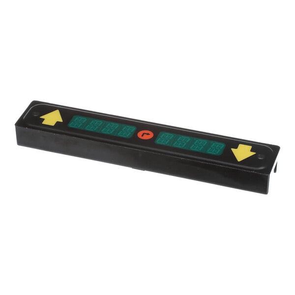 A rectangular electronic display bar with green digital segments and yellow arrows on each end.