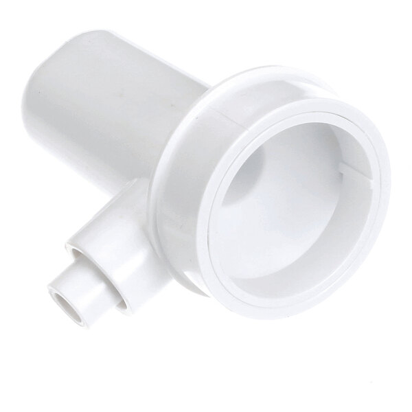 A white plastic drain trap for HVAC systems.