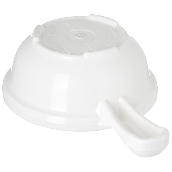 A white plastic bowl with a handle.