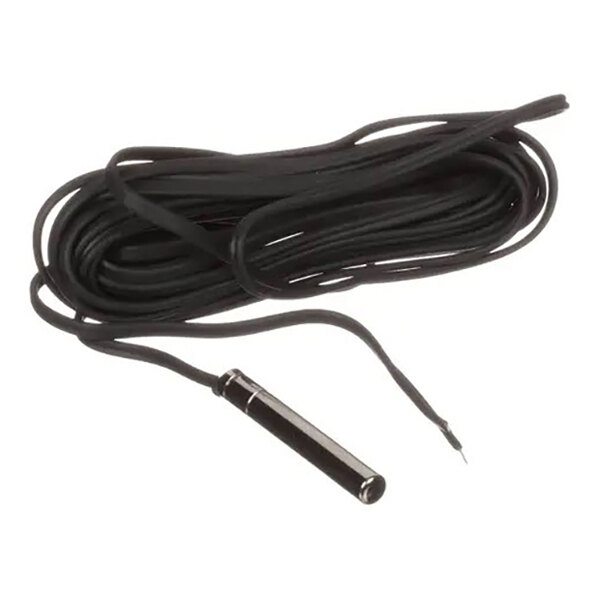 A black sensor probe with an attached long cable.