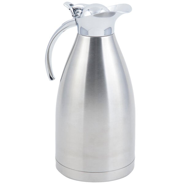 A Bon Chef stainless steel coffee server with a handle.