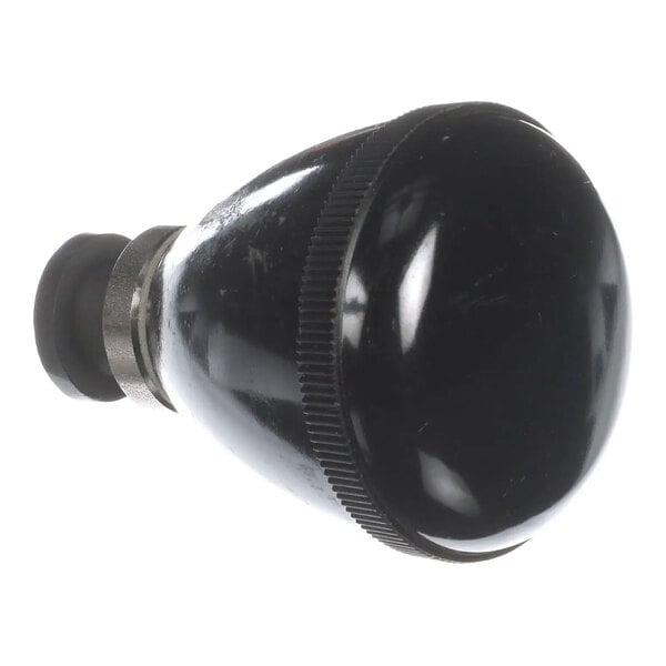 A black, rounded doorknob with a metallic base.