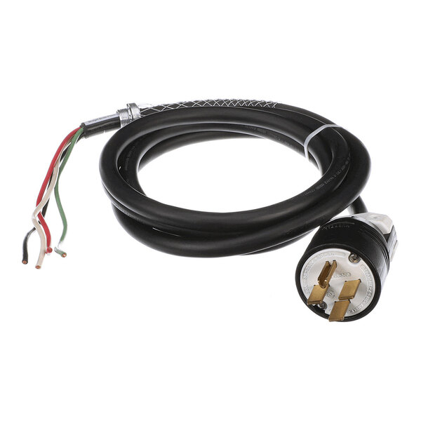 A heavy-duty power cord with a 30A 3-pole, 4-wire plug on one end and stripped wire leads on the other end.