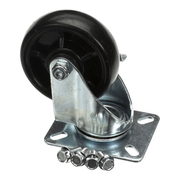 A metal swivel caster with a black wheel, mounting plate, and included screws.