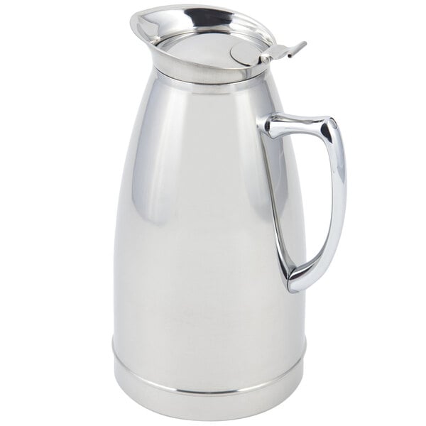 A Bon Chef stainless steel coffee server with a handle.