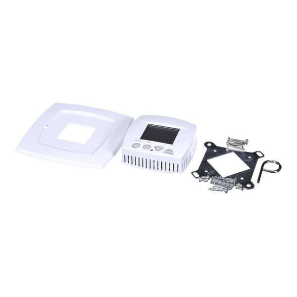 A digital thermostat kit with a display unit, mounting plate, cover, and installation hardware.