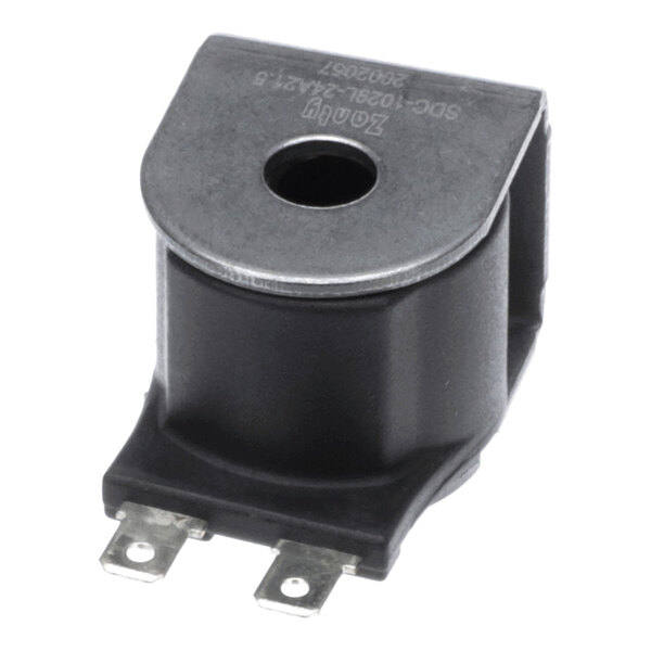 A black and metallic solenoid refrigerant coil with two electrical terminals and a central mounting hole.