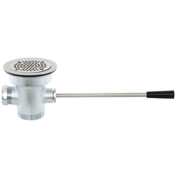 A T&S stainless steel waste drain valve with lever handle and 3 1/2" sink opening.