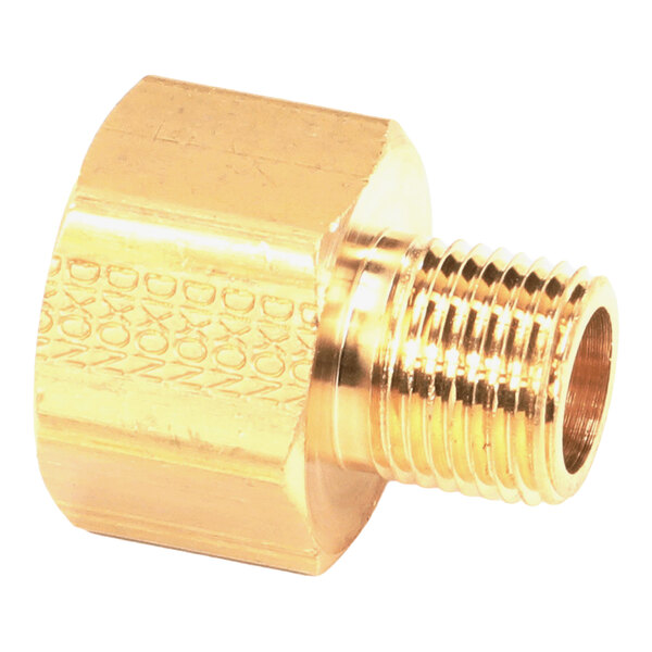 An adapter with a 3/4 inch female pipe thread and a 1/2 inch male pipe thread, made of brass.