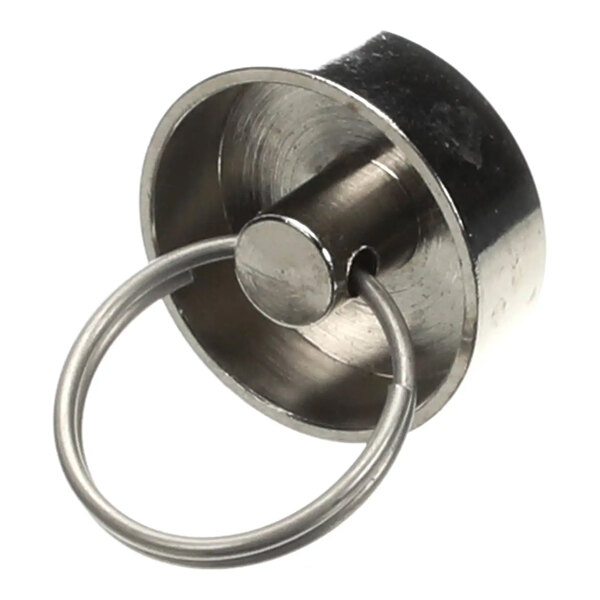 A metal drain stopper with an attached key ring.