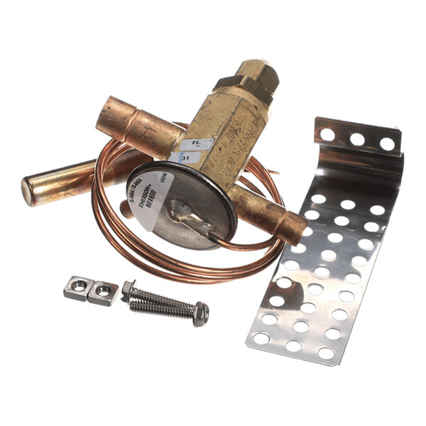 An expansion valve kit with copper tubing, a metal mounting bracket, and installation hardware.