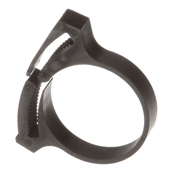 A black plastic hose clamp with a ratcheting mechanism.