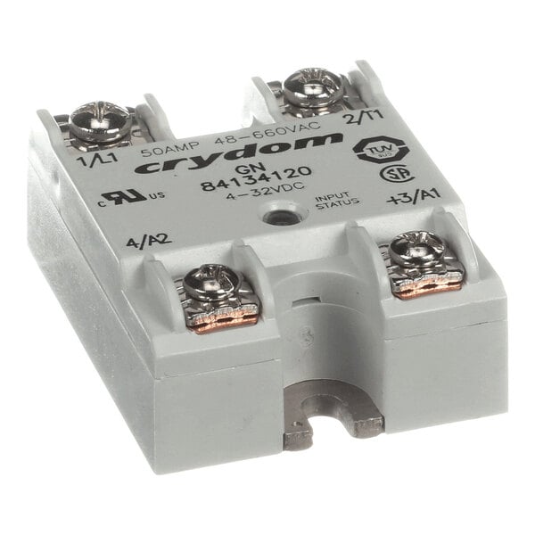 A gray Crydom solid state relay with four screw terminals and labeled electrical ratings.
