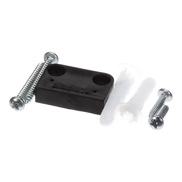 A Detex 102665 magnet kit consisting of a black rectangular magnet, two wall anchors, and four screws.