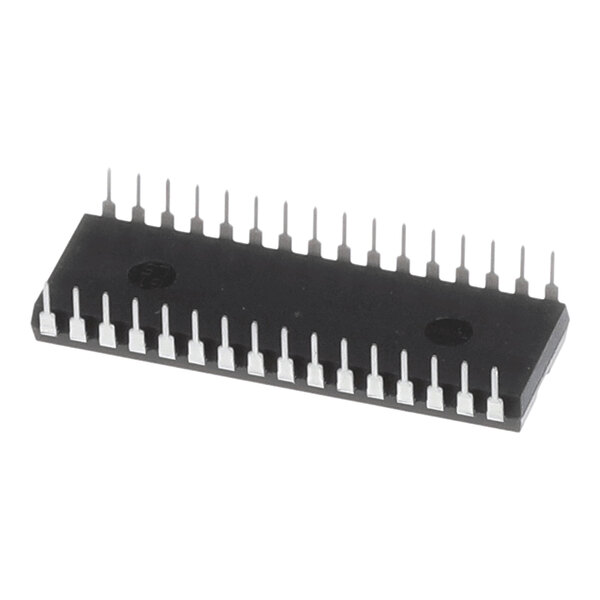An integrated circuit chip with dual rows of metal pins for mounting on a circuit board.