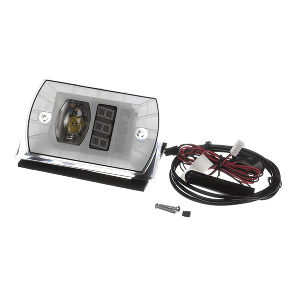 A digital temperature display unit with a blue LED, wiring, and mounting hardware.