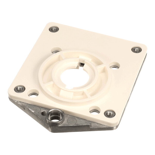 A square motor plate assembly with a central circular opening and multiple screw holes, made of metal and plastic components.