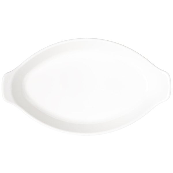A white oval shaped Carlisle polycarbonate casserole dish.