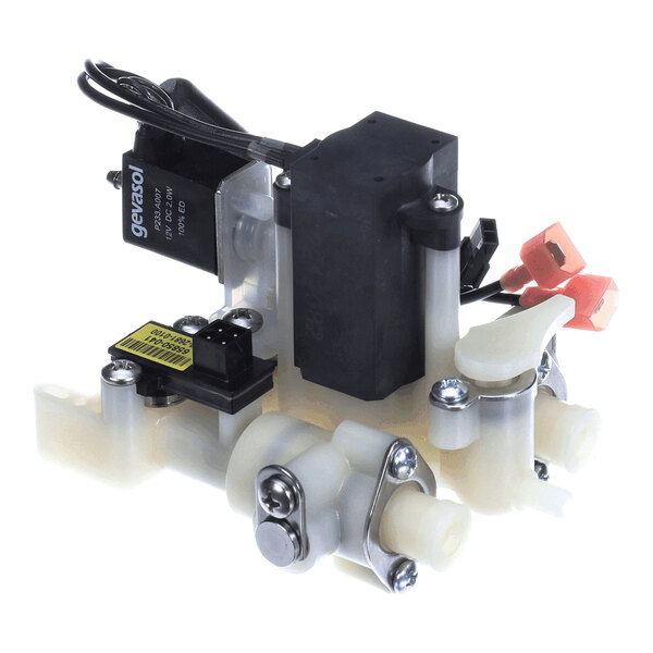 A solenoid valve module with two transducers and a CO2 solenoid, used for fluid or gas control applications.