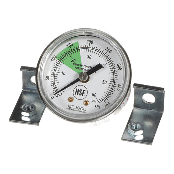A round pressure gauge with a metal mounting bracket and a dial displaying measurements in psi and kPa.