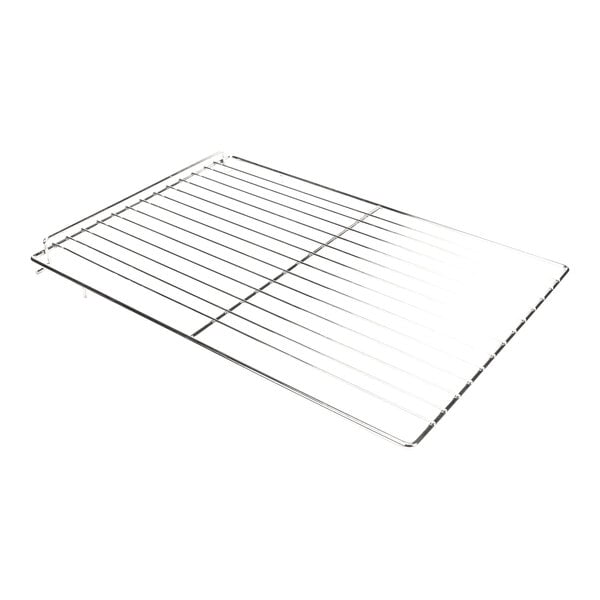 A rectangular metal oven rack with evenly spaced parallel bars.