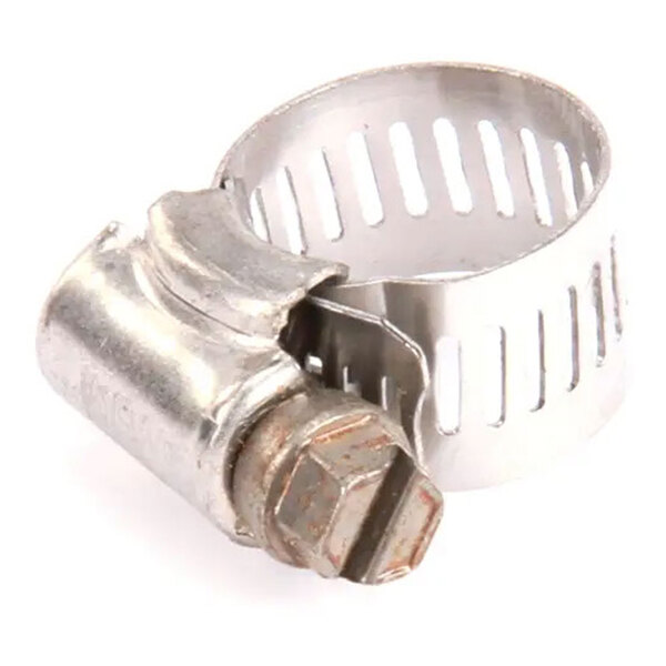 A metal hose clamp with a screw mechanism for tightening.