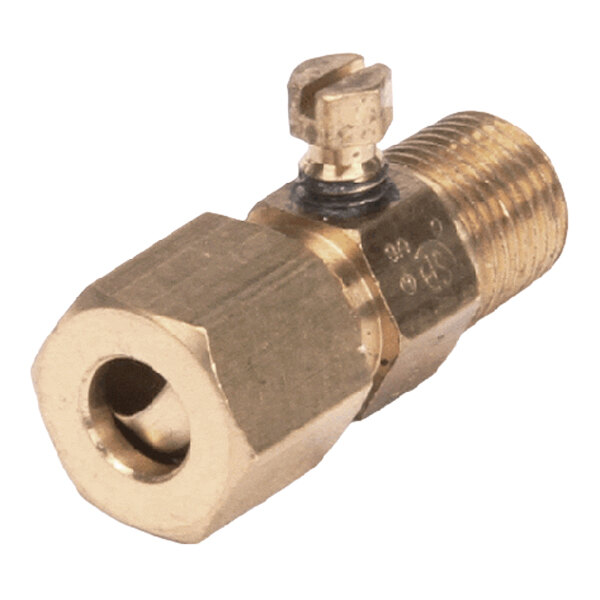 A brass single pilot valve with a threaded end and a slotted adjustment screw, used for gas appliances.