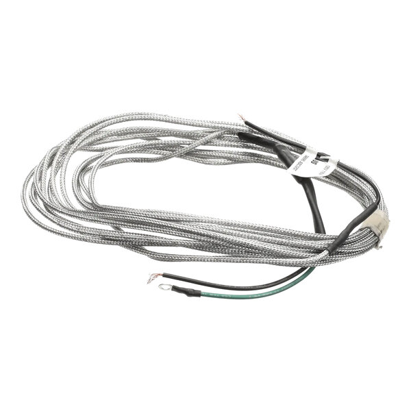 A coiled metal-braided heat wire with exposed wire ends and attached labels.
