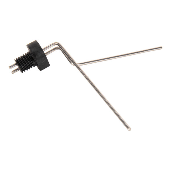 A metal probe with a black plastic threaded cap and two bent rods extending from it.