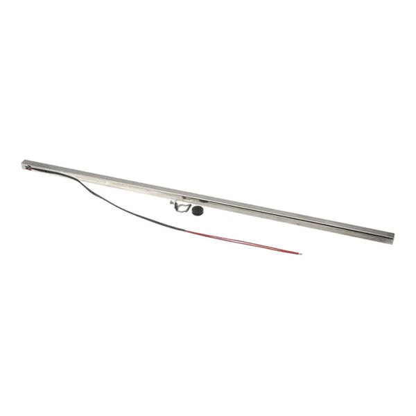 A long, metallic heat bar with attached wires, designed for use in heat sealing equipment.
