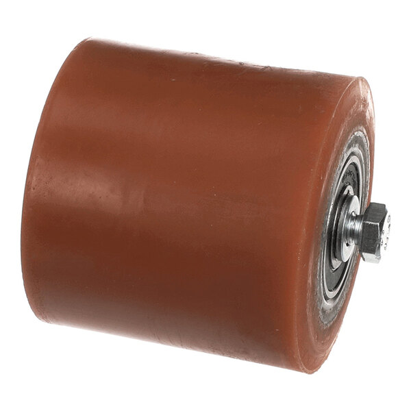 A brown cylindrical roller with bearings and a bolt on one end, used for bakery equipment.