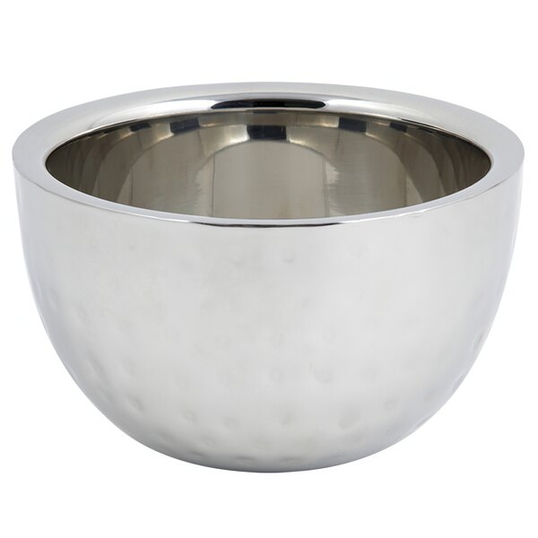 A silver stainless steel Bon Chef double wall bowl with a hammered finish.