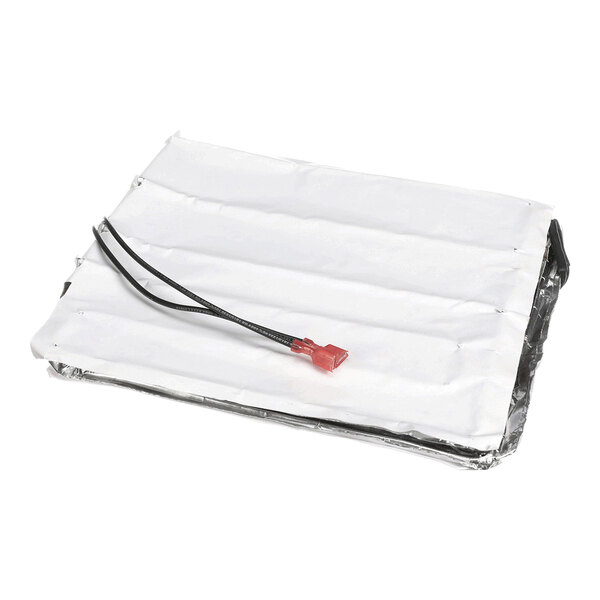 A rectangular aluminum foil drain heater with an attached black wire and red connector.