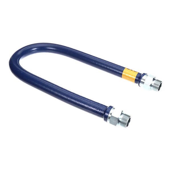 A flexible blue gas connector hose with metal fittings on both ends.